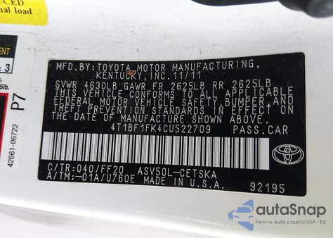 2012 Toyota Camry Se from USA, damaged, VIN 4T1BF1FK4CU522709